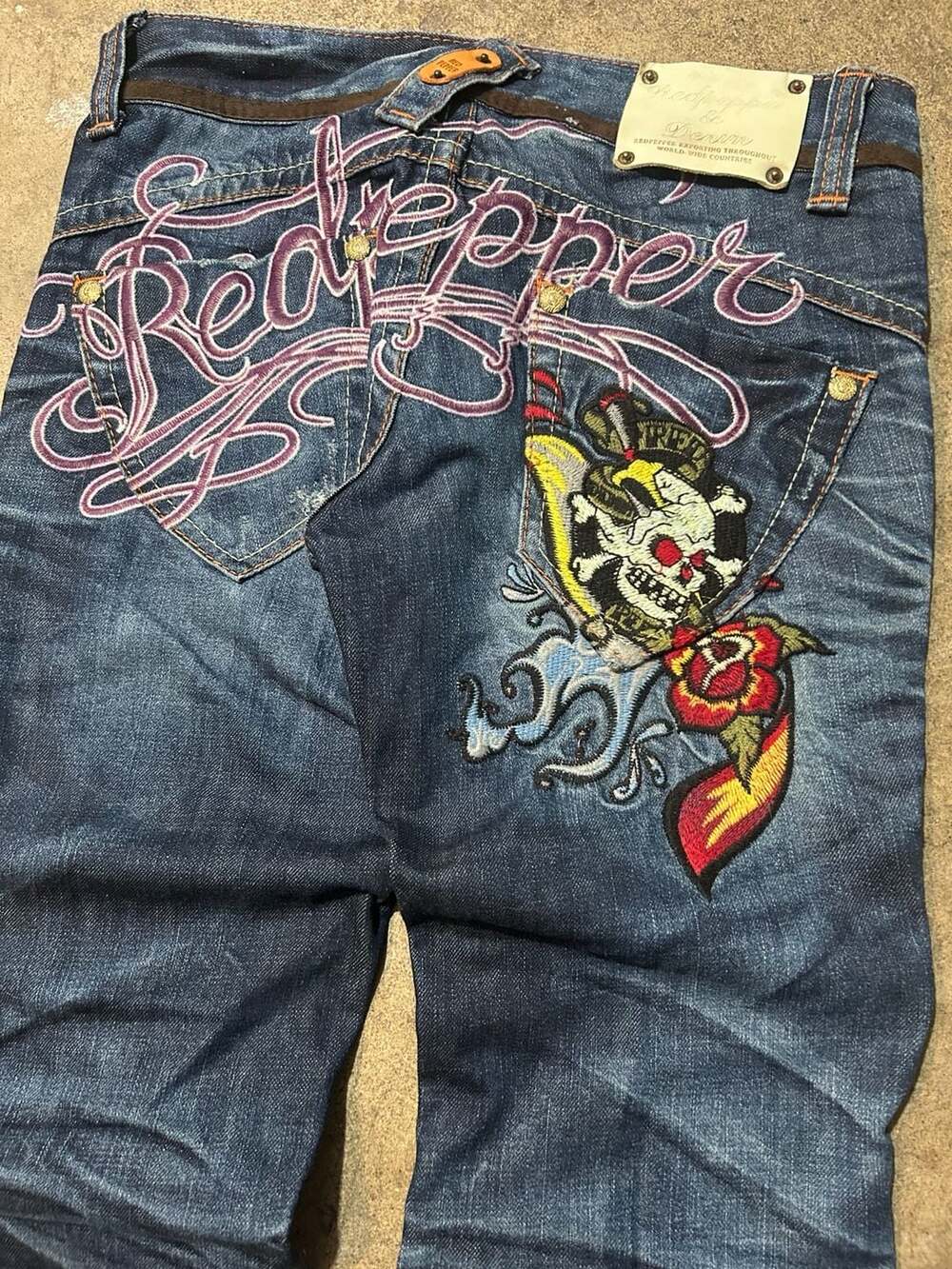 Vintage Embroidered Red Pepper Flared Denim